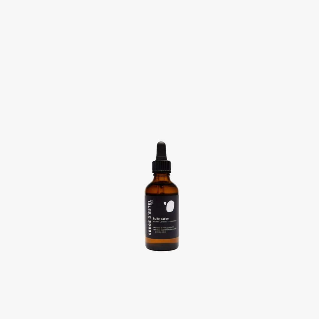 Flacon d'huile revitalisante Serge d'Estel pour barbe, 50ML, soin essentiel pour une barbe douce et brillante.